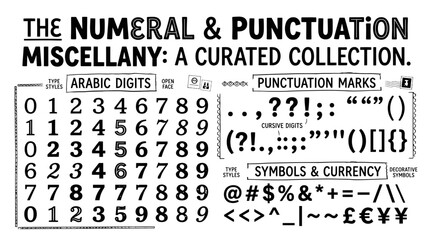 Vintage typography collection of Arabic digits and punctuation marks, hand-drawn numeral miscellany vector set, black ink symbols and currency signs © SanaMuhyUdDin