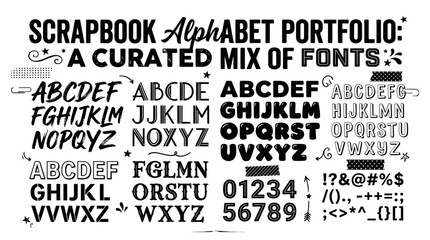 Vintage scrapbook alphabet portfolio, curated mix of hand drawn fonts and numbers, black ink lettering set for DIY craft projects © SanaMuhyUdDin