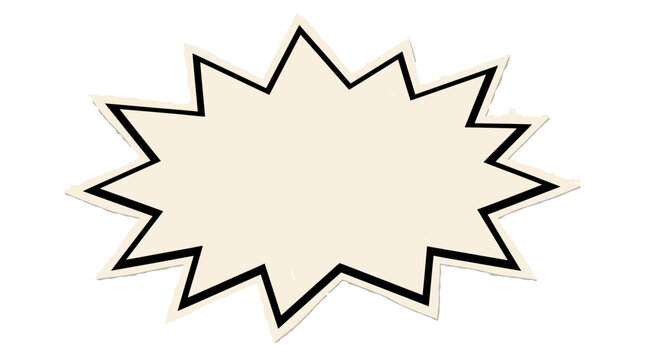 Retro comic speech bubble with jagged edges, vintage pop art explosion frame, blank cream starburst shout box for marketing and sales promotions