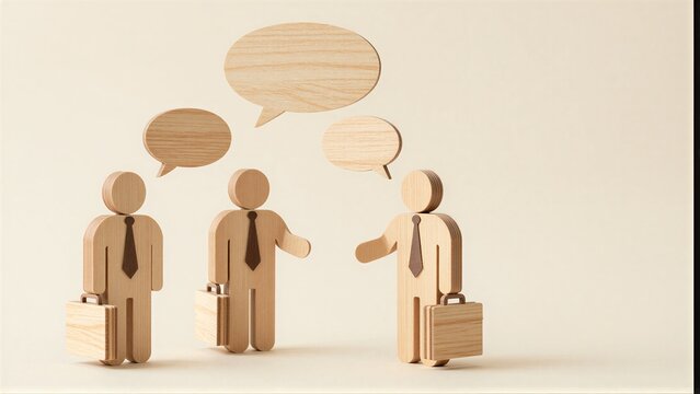 Three wooden business figures converse, gesturing with speech bubbles above them.