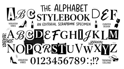 Obraz premium Ransom note alphabet stylebook vector, editorial scrapbook specimen with hand-cut letters and numbers, black and white collage typography set