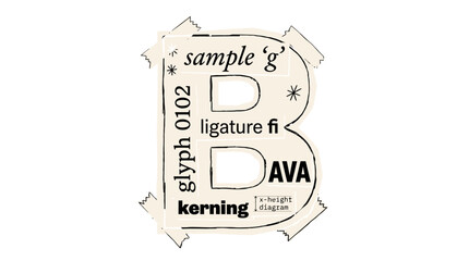 Vintage typography diagram with letter B and kerning labels, retro graphic design anatomy vector, technical font glyph and ligature study © SanaMuhyUdDin