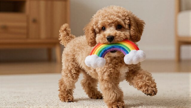 Adorable poodle puppy joyfully carries rainbow toy, playful and fluffy indoors.