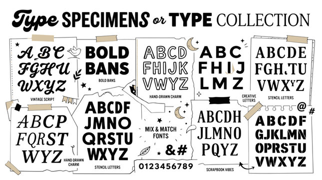 Vintage type specimens and hand drawn font collection, retro alphabet lettering set, scrapbook typography elements on paper notes with tape