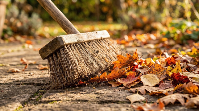 Close up of a wooden broom sweeping dry autumn leaves on a stone path. Yard work and garden cleanup in fall