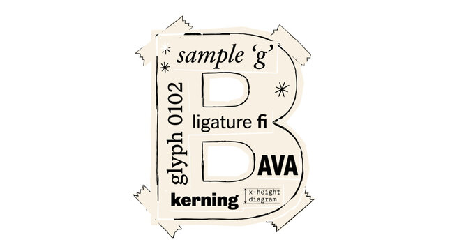 Vintage typography diagram with letter B and kerning labels, retro graphic design anatomy vector, technical font glyph and ligature study