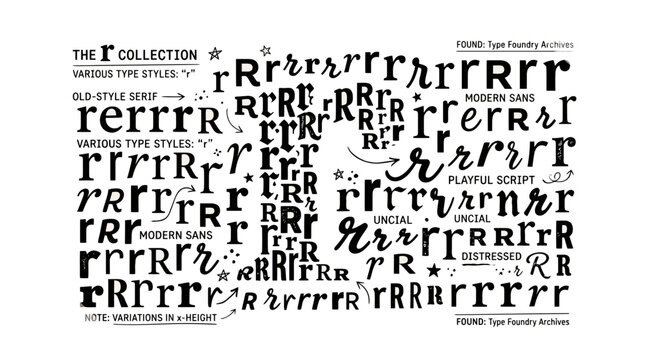 Vintage typography collection of letter R, various type styles including old-style serif and modern sans, black and white alphabet vector set