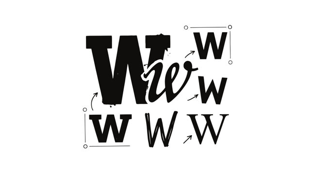 Typography design concept with letter W variations, black font styles and typeface selection, graphic design process vector illustration