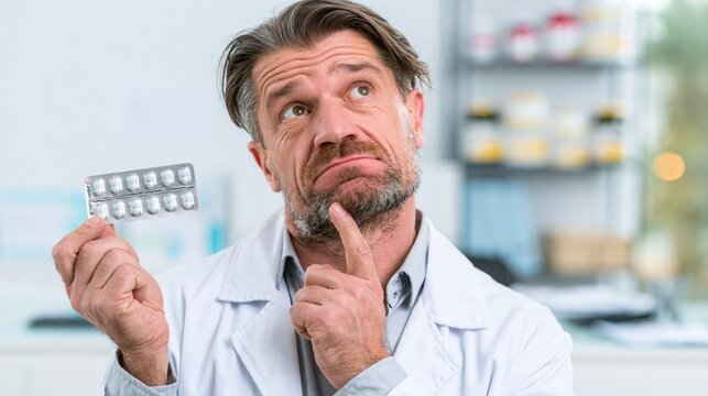 Doctor holding a multivitamin blister pack in a consultation room while thinking. Concept of quiz, consultation and trivia about multivitamin supplementation.