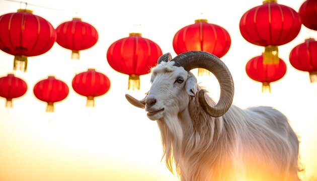 A white goat with large curved horns stands before a backdrop of red lanterns lit by a sunset glow
