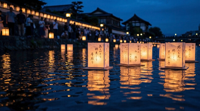 Floating paper lanterns with Japanese calligraphy drifting on water at night. Traditional lantern festival in Japan
