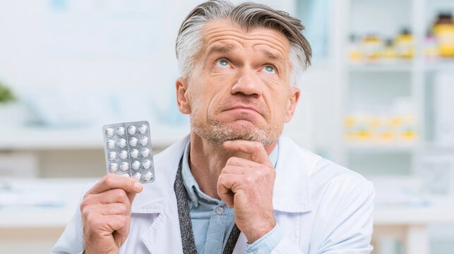 Doctor holding a multivitamin blister pack in a consultation room while thinking. Concept of quiz, consultation and trivia about multivitamin supplementation.