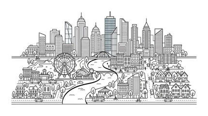 Fototapeta premium Modern city skyline featuring a river and residential neighborhood