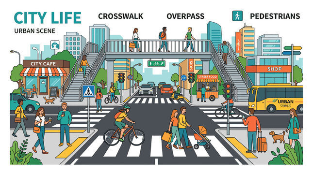 Busy urban street scene with pedestrians crossing a city road