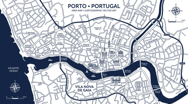 Porto portugal city map with douro river and landmarks
