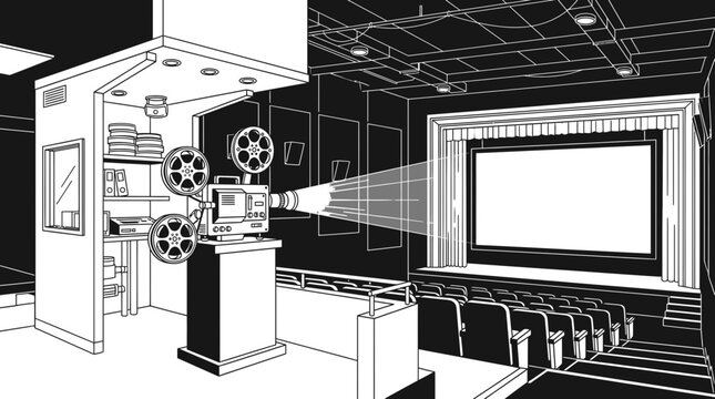 Retro cinema interior with vintage film projector and blank screen
