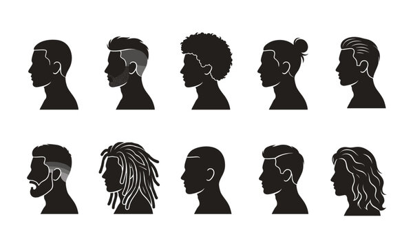 Diverse men hairstyles vector profile silhouette set, barbershop avatar collection, trendy male haircuts, undercut, dreadlocks, afro, beard styles, isolated on white.