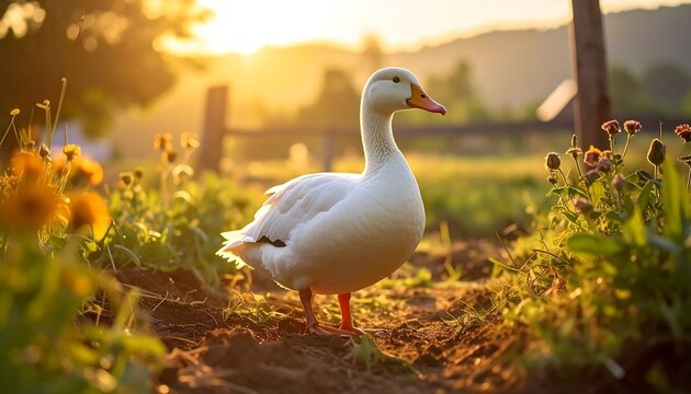 A white goose stands proudly in a sun-drenched garden pathway. The warm golden light creates a beautiful, serene backdrop with flowers