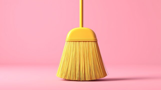Minimal 3D cleaning broom icon with yellow broom, rounded glossy design, modern household cleaning concept on soft pastel pink background.