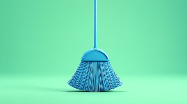 Simple 3D household broom icon with blue broom, clean modern clay style render, home cleaning equipment concept on soft mint green background.
