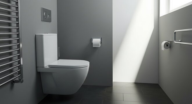 Modern bathroom interior with wall-mounted toilet, heated towel rack, and contrasting light