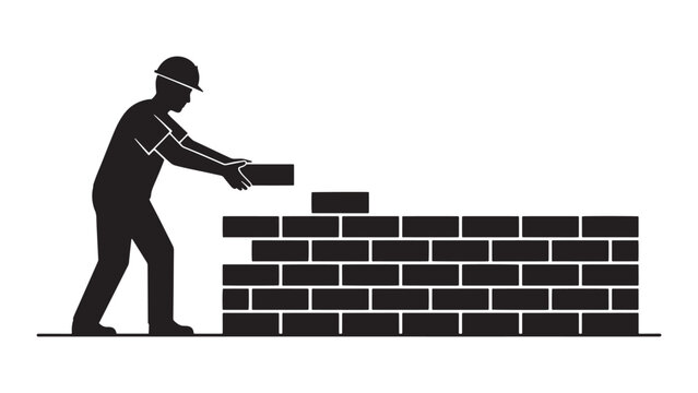 Construction worker installing brick wall silhouette on isolated black background for building safety and renovation concept