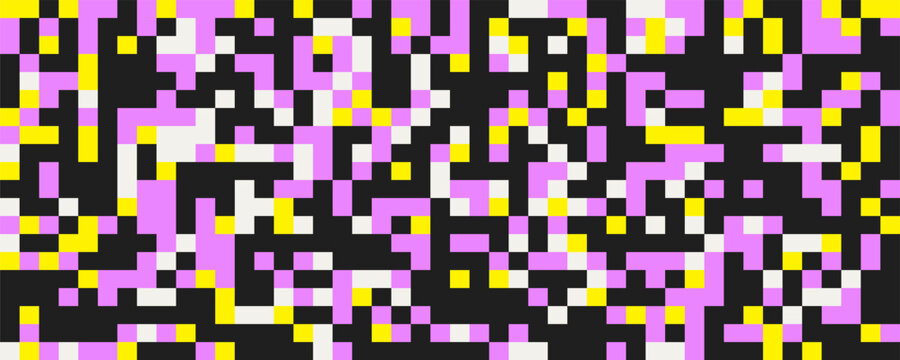 Abstract mosaic texture pink, yellow, and white square pixels randomly scattering. Retro background with cyber glitch aesthetics
