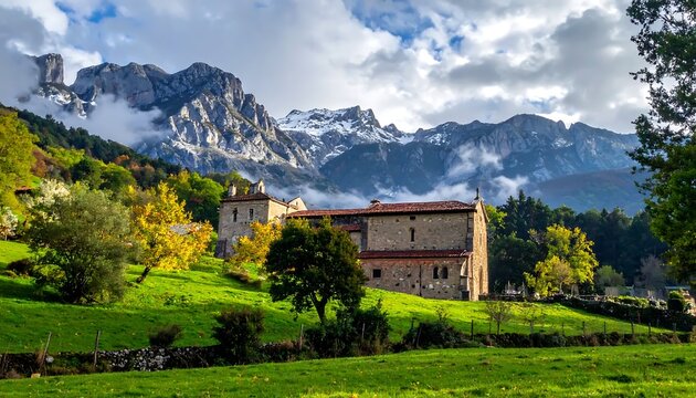 Mountain Valley with Houses and Green Fields Under Cloudy Sky