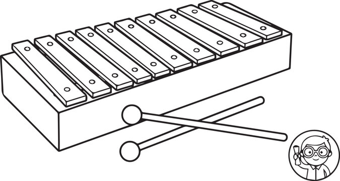 Hand drawn xylophone musical instrument with mallets and cartoon character in corner black and white line art xylophone instrument percussion character