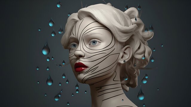 a lady face with lines in black colour abstract ,her lips in red colour, eyes in blue colour, illustration, 3d render dew drops,rainbow, CREATED WITH GENERATIVE AI