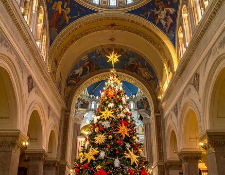 Christmas Tree in Grand Hall with Arched Ceilings and Frescoes