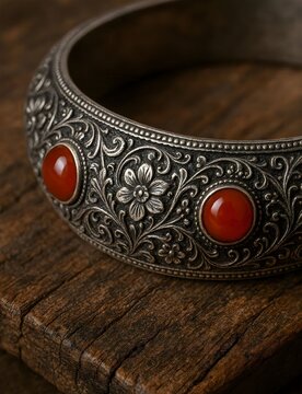 Heavy antique oxidized silver Kada bangle with complex floral engravings - 1
