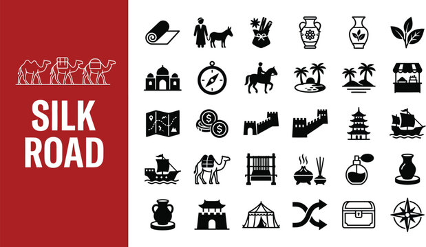 Silk road icons display ancient trade routes and cultural history.