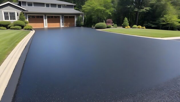 Freshly applied black sealcoat glistens on a newly restored asphalt driveway, with clean edges and subtle texture visible, CREATED WITH GENERATIVE AI