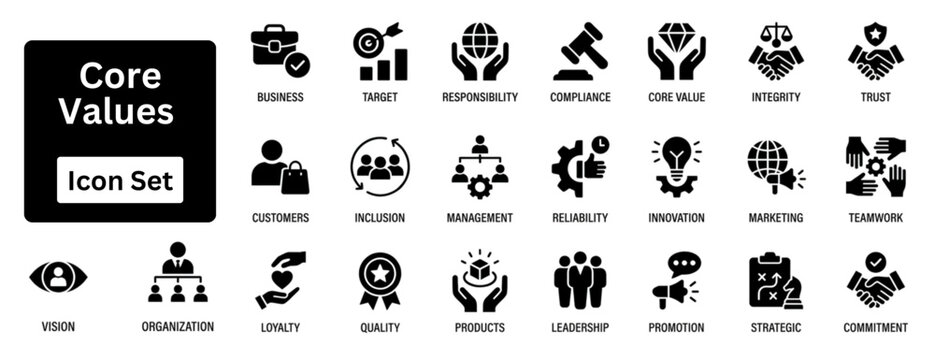 Silhouette vector of Core Values icon set. Core Values silhouette icon set. Core Values icon set covering trust, teamwork, fairness, care and integrity glyph symbols for mission driven organizations.