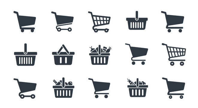 Collection of various shopping cart and basket icons.