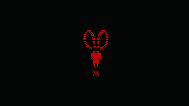 Minimalist red ram skull with scissors on black background.