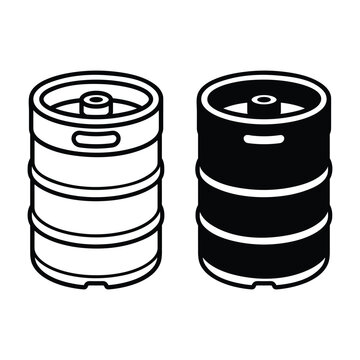 Metal beer keg icons in line and solid style for brewery design art.