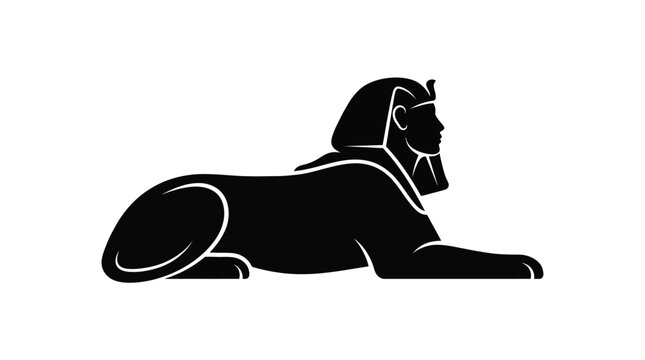 Black silhouette of the Egyptian Sphinx profile. Isolated vector icon of the Giza monument featuring pharaoh head and lion body on white background.