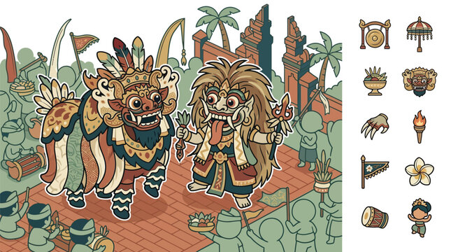 Balinese Barong and Rangda mythical characters in cute chibi vector style with traditional temple background, gamelan musicians, palm trees, and a set of cultural icon assets.