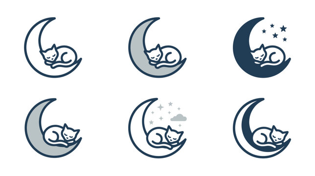 Sleeping cat curled up on a crescent moon minimalist logo icons