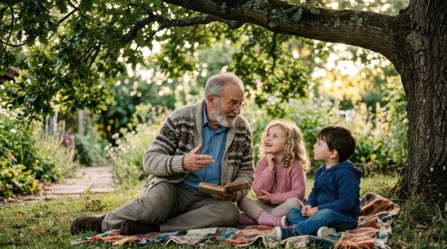 Senior man in cardigan sits on garden blanket reading stories to two young grandchildren under a tree in soft sunlight; factual multi-generational family scene outdoors.