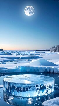 Full Moon Illuminating a Frozen Ice Formation in a Winter Landscape