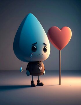 Sad Water Droplet Character Crying Next to Heart Balloon in Dim Setting