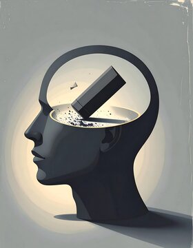 Human Head Silhouette with Eraser Erasing Thoughts Inside