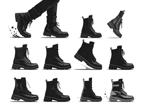 Black Boots Displayed in Multiple Angles on White Background