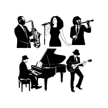 Jazz band, music icons, black silhouettes, musicians, vector graphics