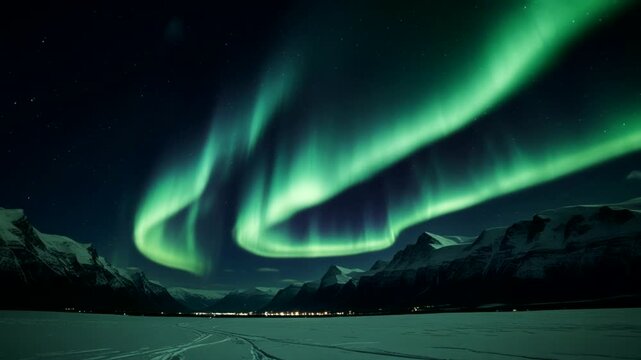 A stunning night scene featuring the bright green aurora borealis dancing majestically across the night sky.