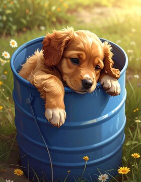 Golden Retriever Puppy Sitting in Blue Barrel in a Field