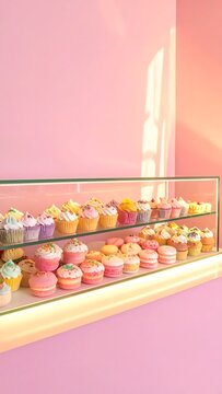 Colorful Cupcakes Arranged on Shelves in a Display Case Against a Pink Wall